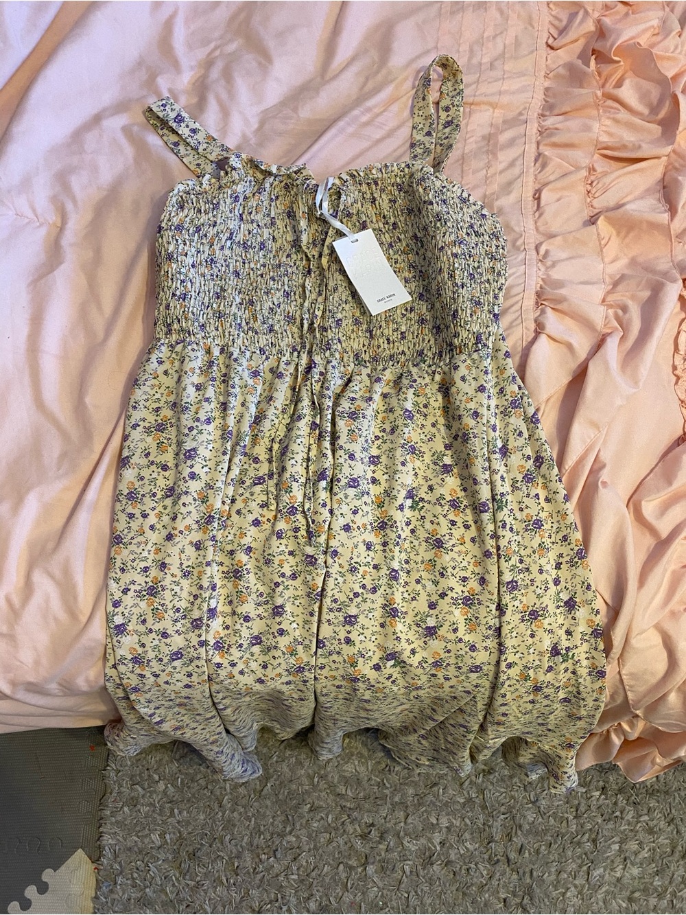 Grace Karin Smocked Floral Plus Size Dress Cream with Purple Floral